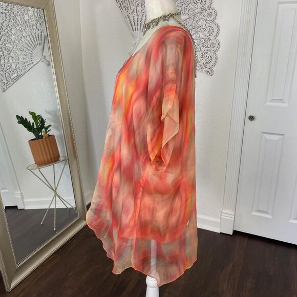 One World Boho Bat Sleeve Orange Red Tie Dye Asymmetric Shawl Top Plus Size 1X - Picture 4 of 8